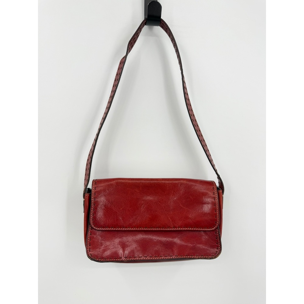 Fossil‎ Vintage Leather Shoulder Bag Womens Small Red Whipstitch Flap Baguette